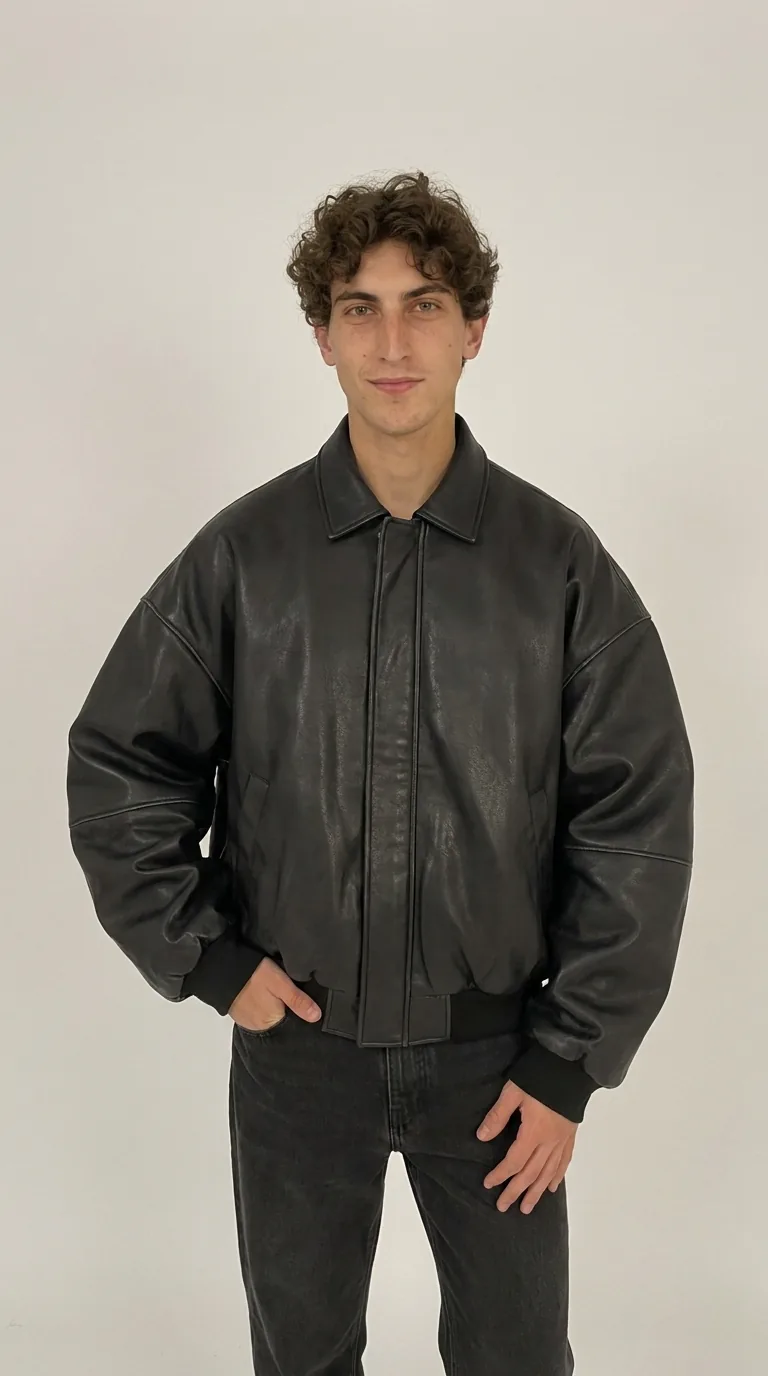 Man wearing Buneri black oversized leather bomber jacket