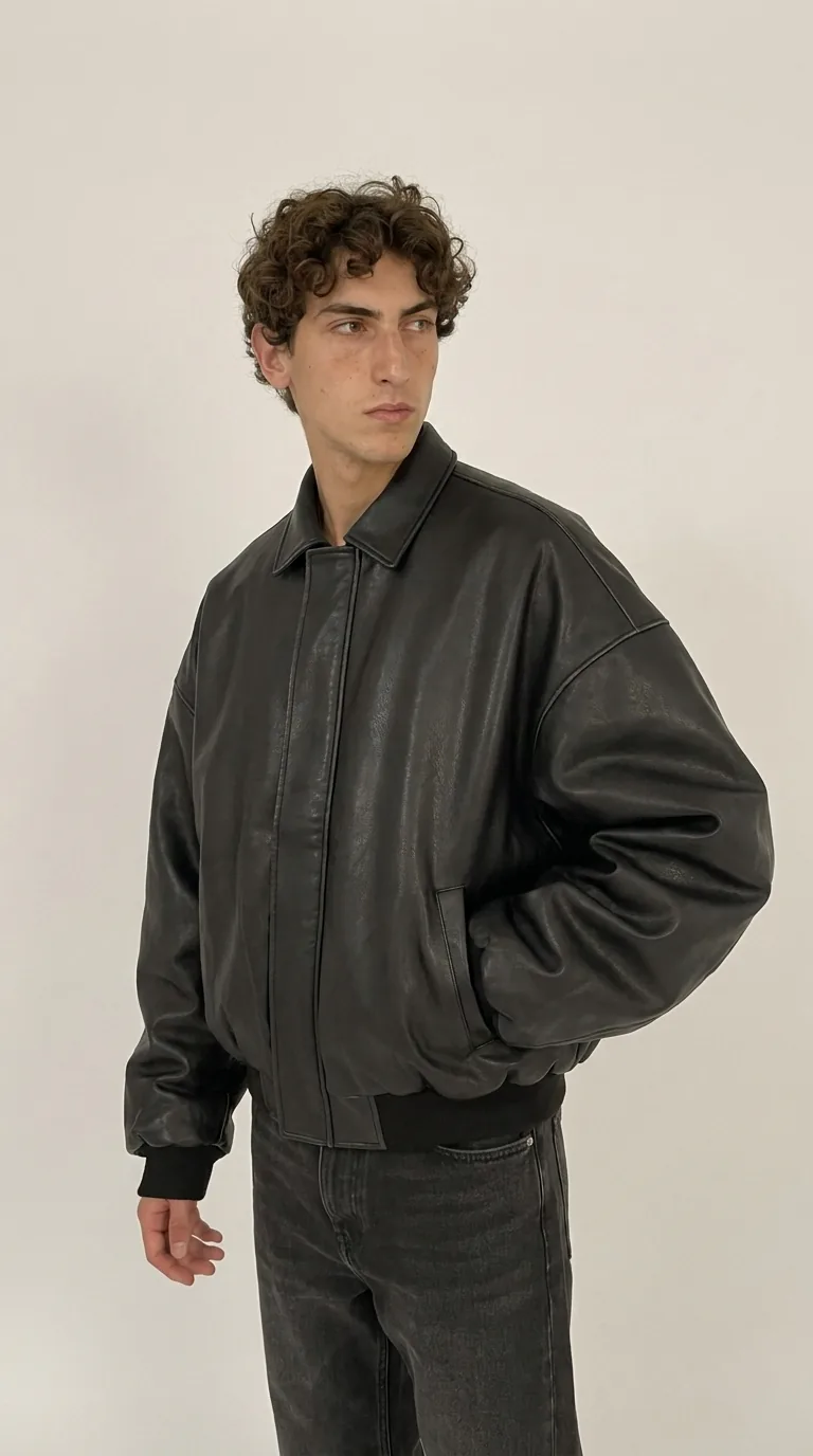 Man wearing Buneri black oversized leather bomber jacket