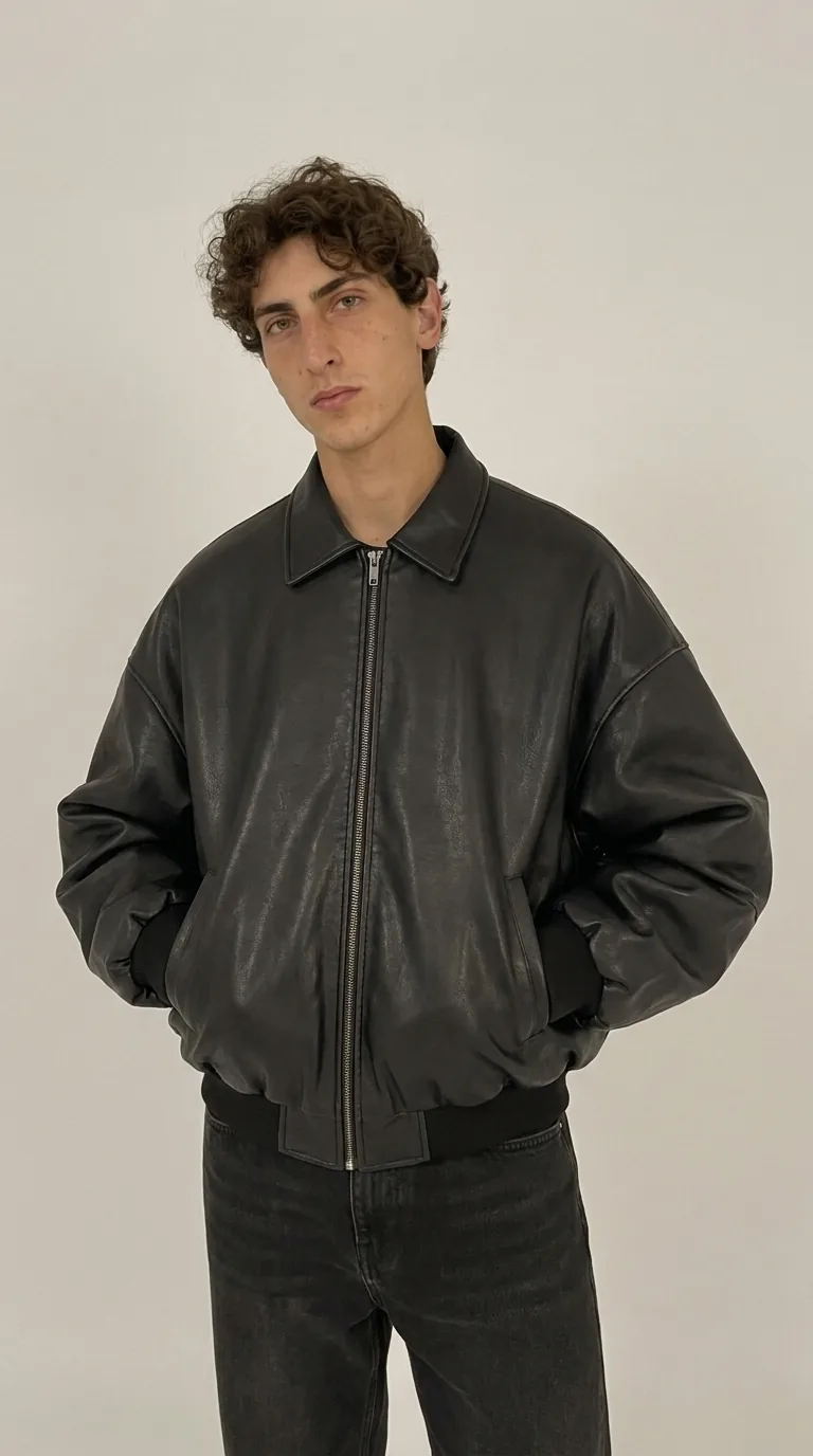 Man wearing Buneri black oversized leather bomber jacket