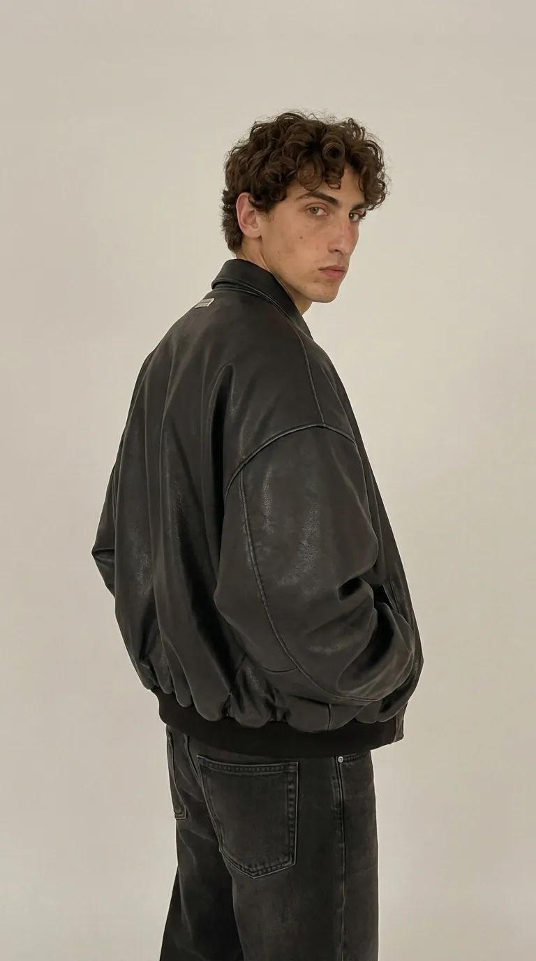 Man wearing Buneri black oversized leather bomber jacket