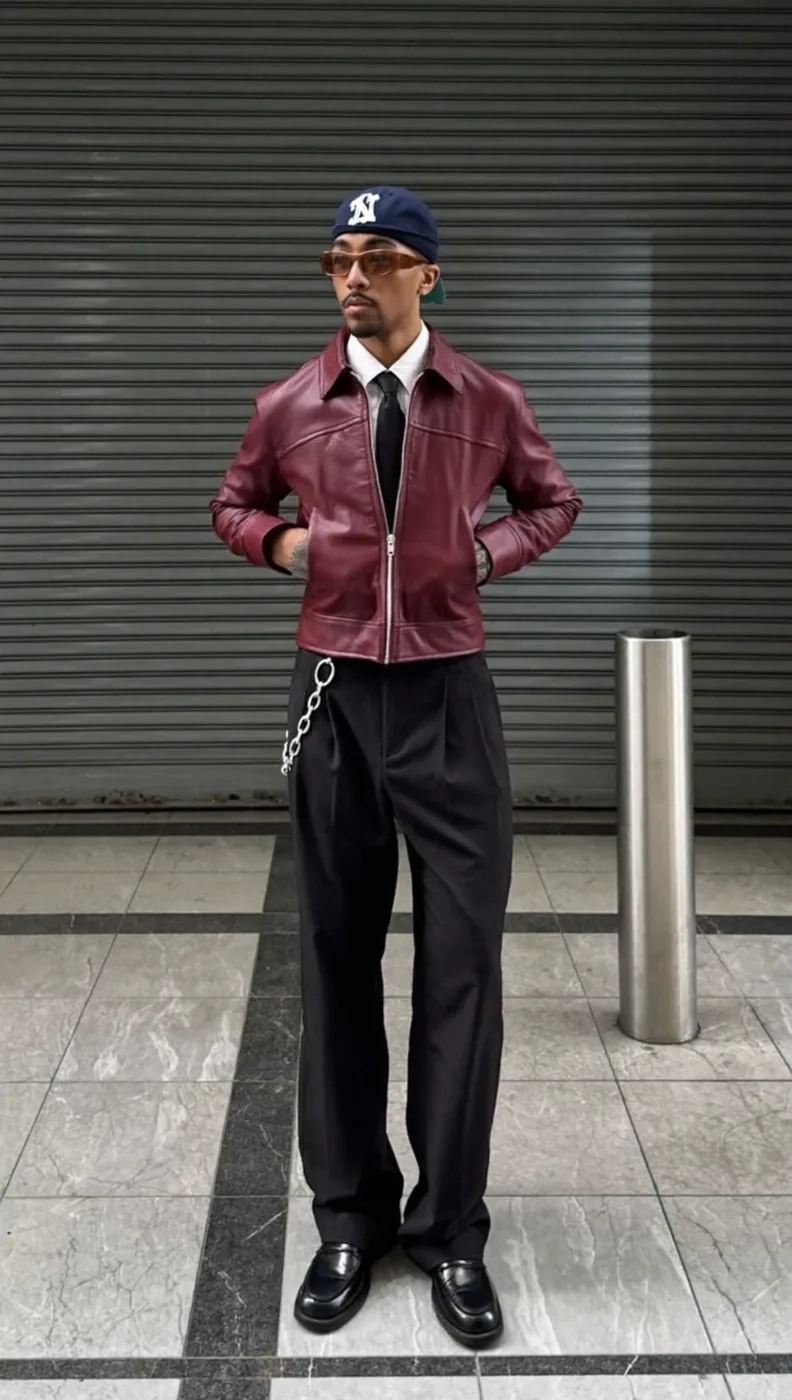 Man wearing Buneri burgundy leather bomber jacket