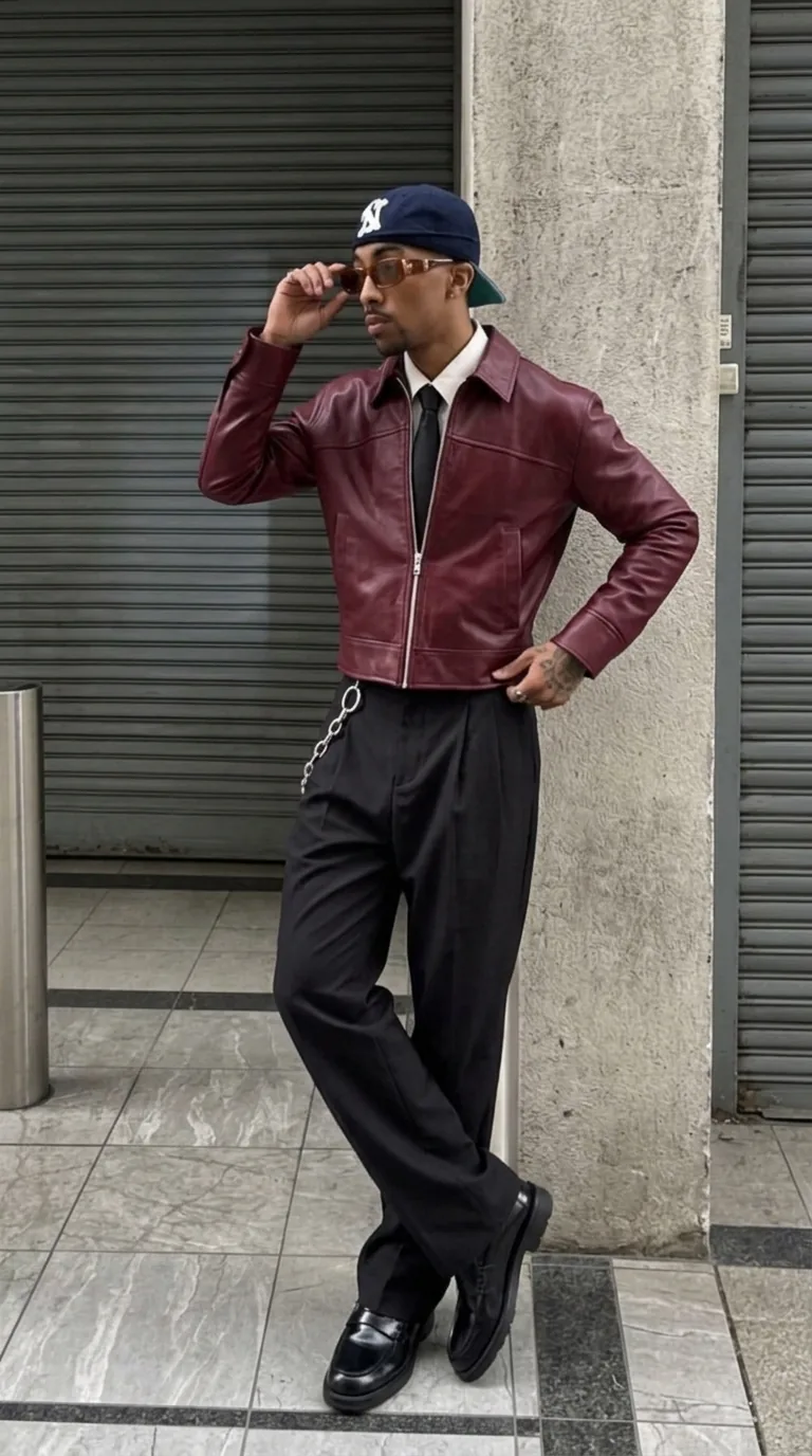 Man wearing Buneri burgundy leather bomber jacket