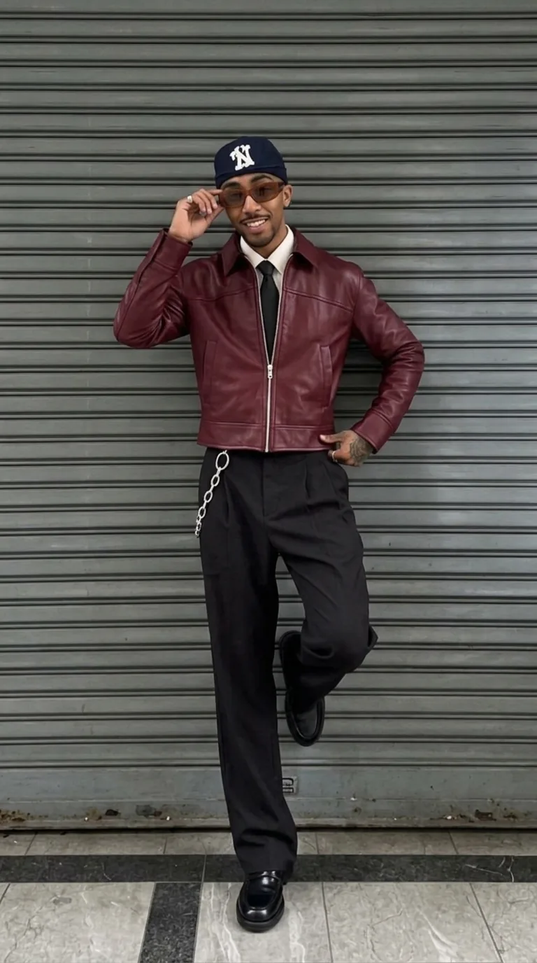 Man wearing Buneri burgundy leather bomber jacket