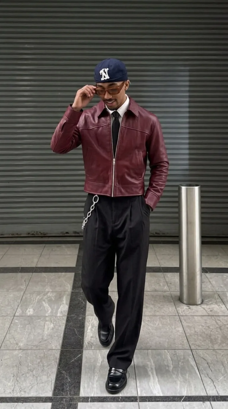 Man wearing Buneri burgundy leather bomber jacket