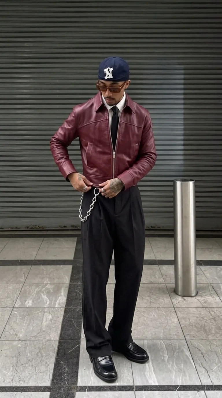 Man wearing Buneri burgundy leather bomber jacket