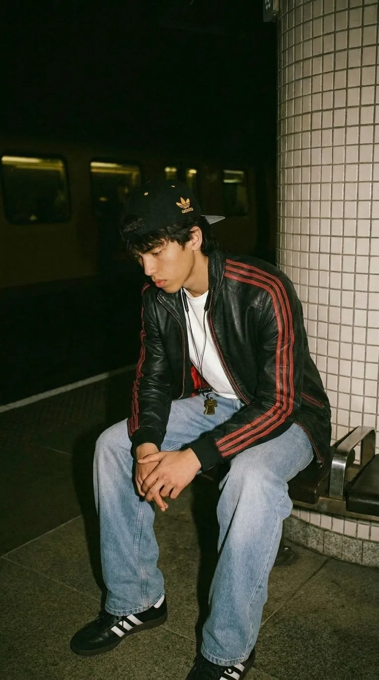Man wearing Buneri green varsity leather bomber jacket