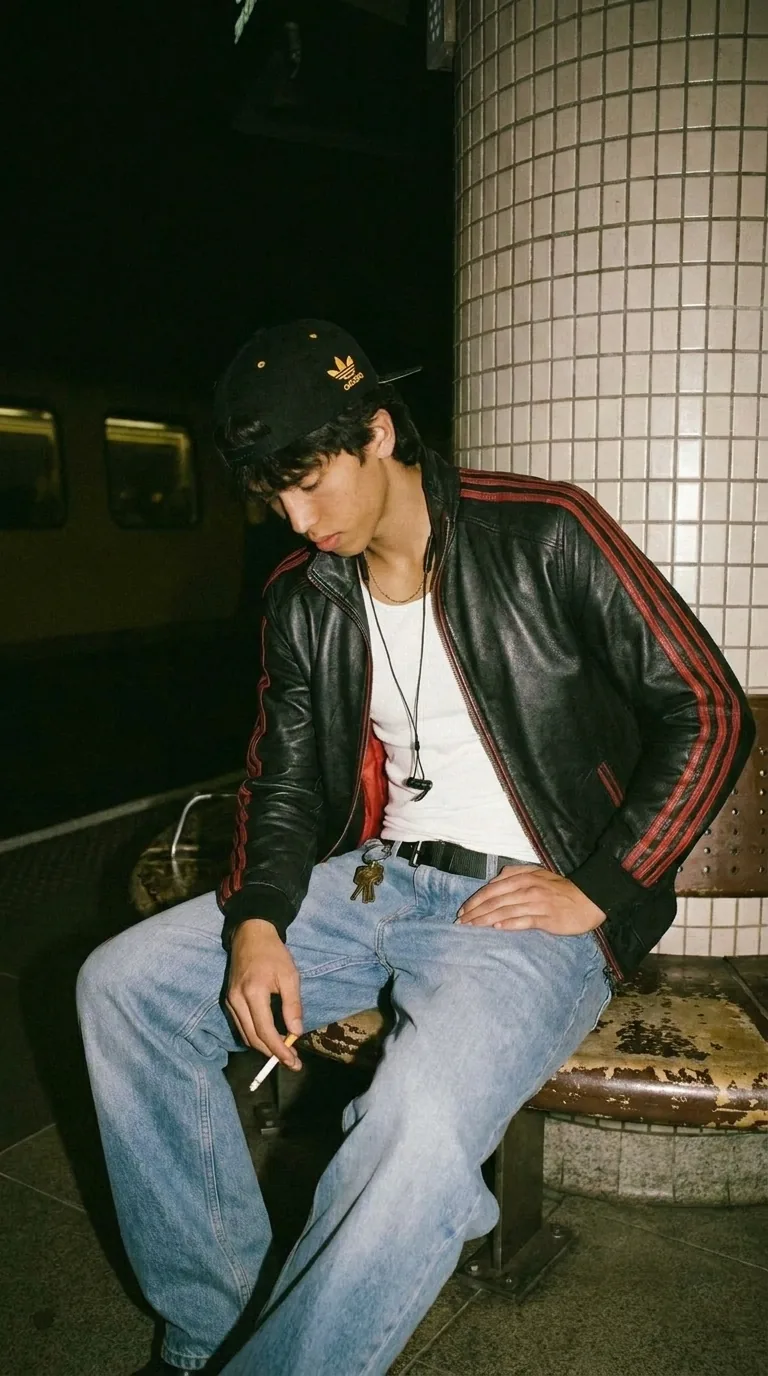 Man wearing Buneri green varsity leather bomber jacket