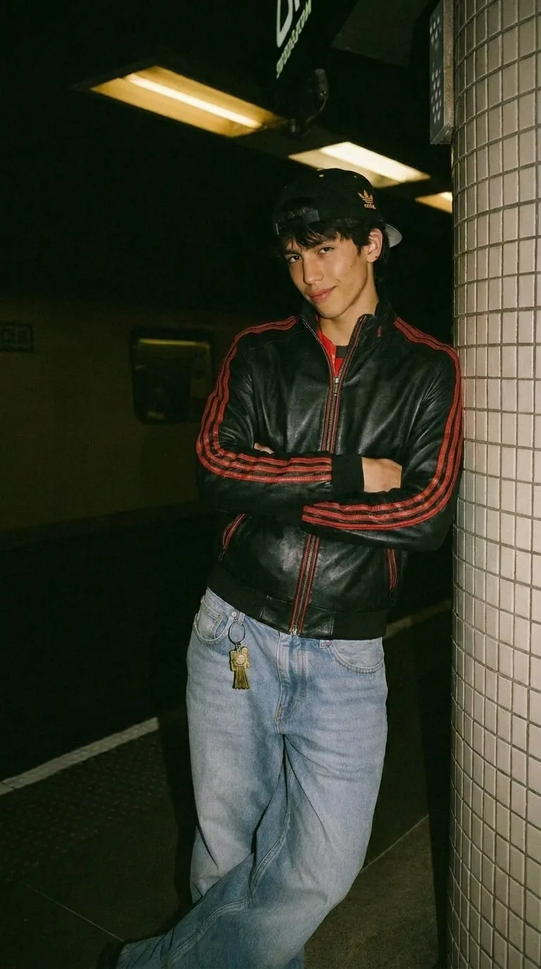 Man wearing Buneri green varsity leather bomber jacket