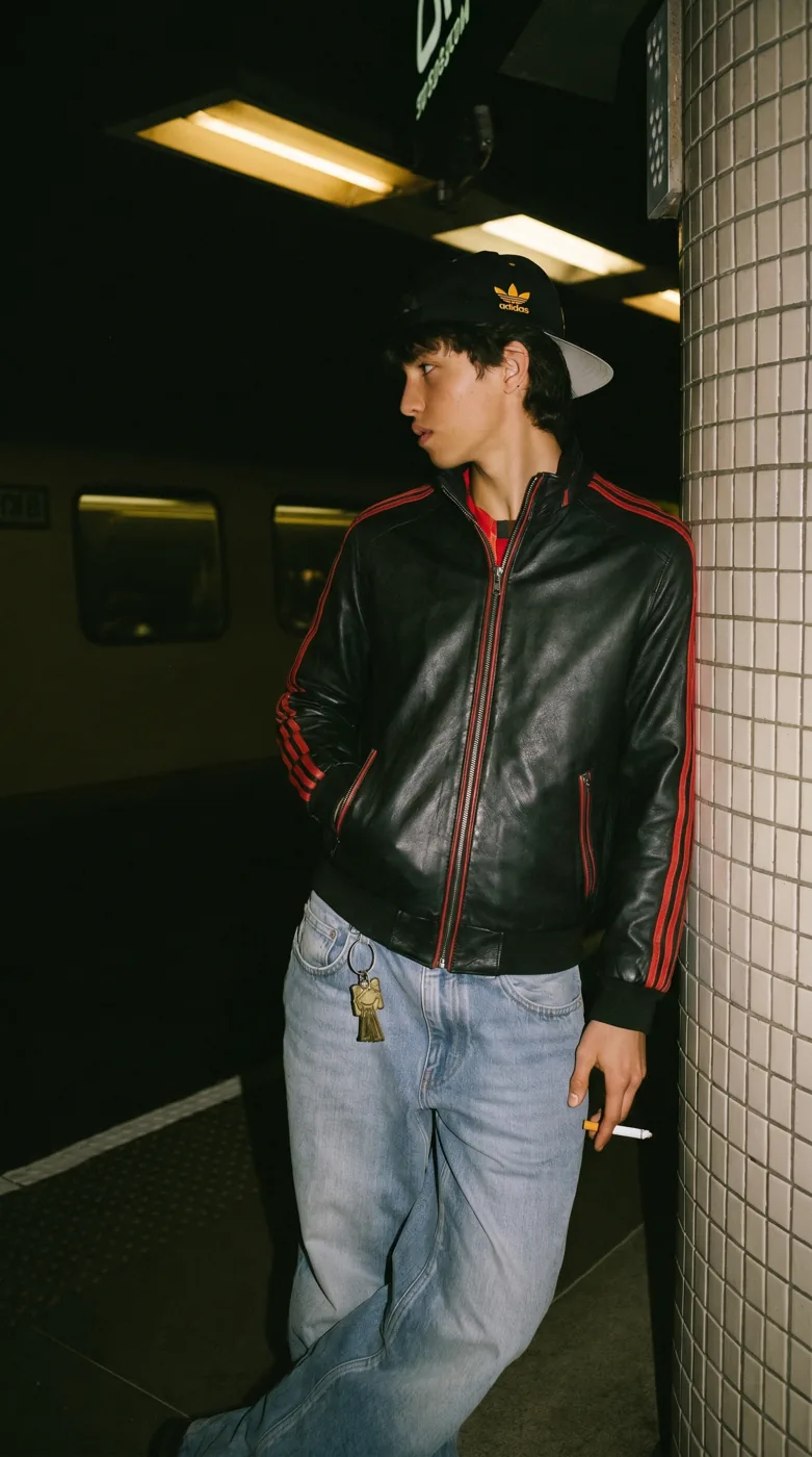 Man wearing Buneri green varsity leather bomber jacket
