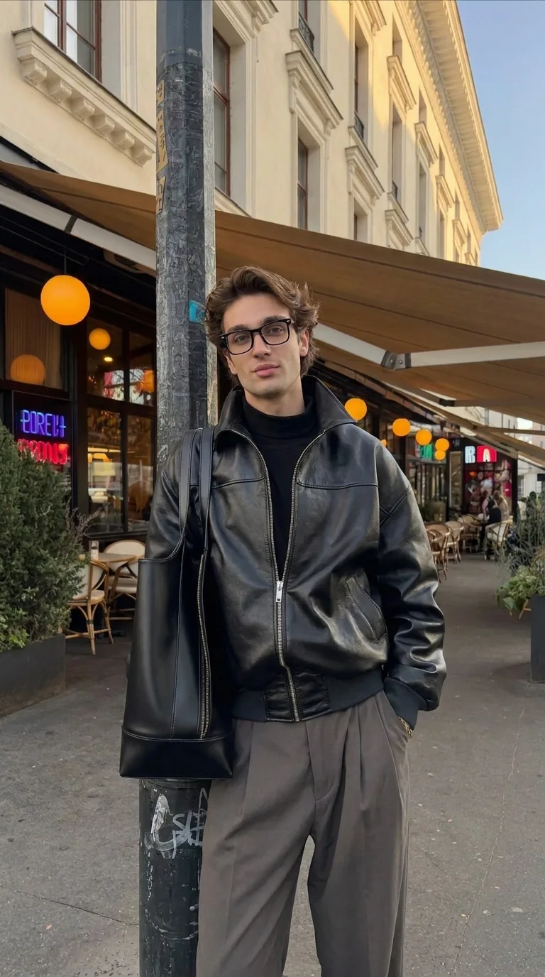 Man wearing Buneri grey leather bomber jacket