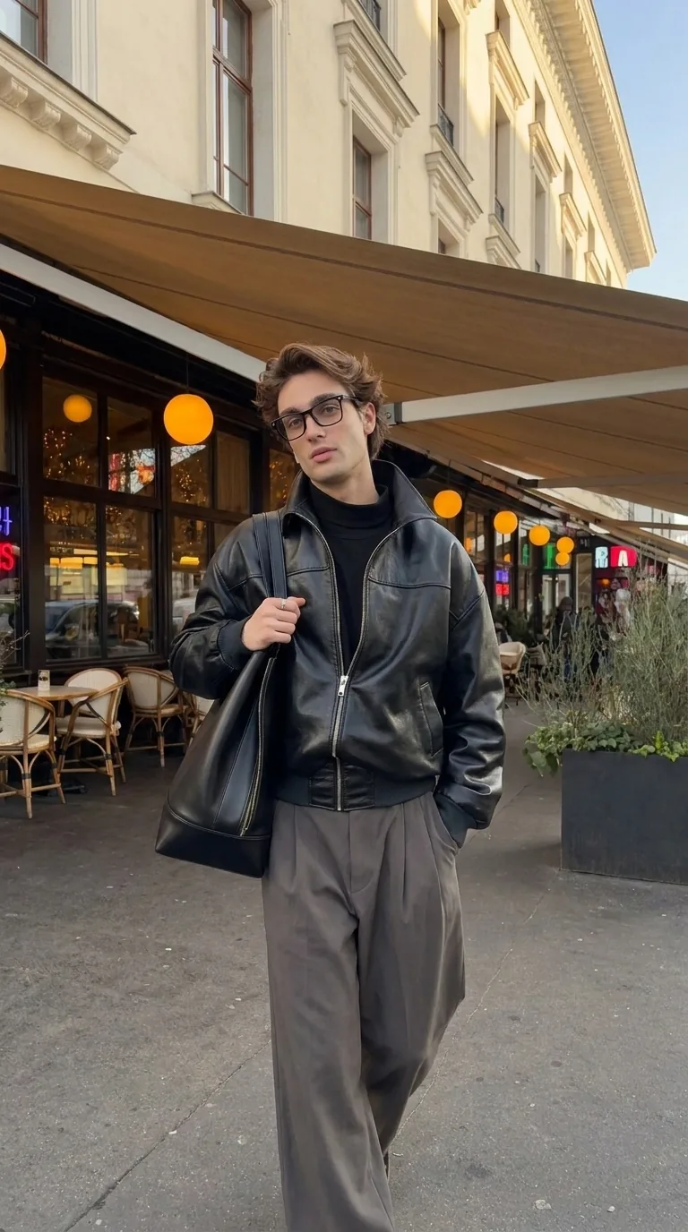 Man wearing Buneri grey leather bomber jacket