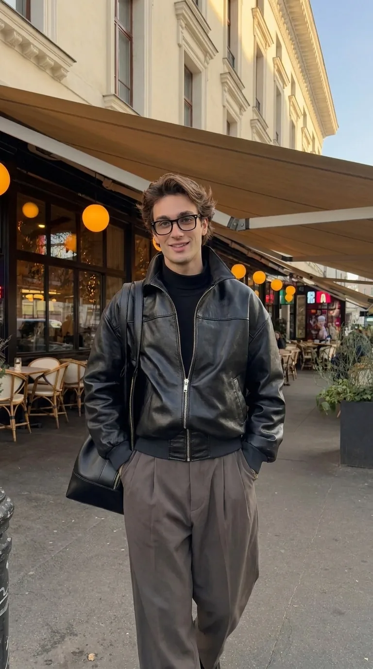 Man wearing Buneri grey leather bomber jacket