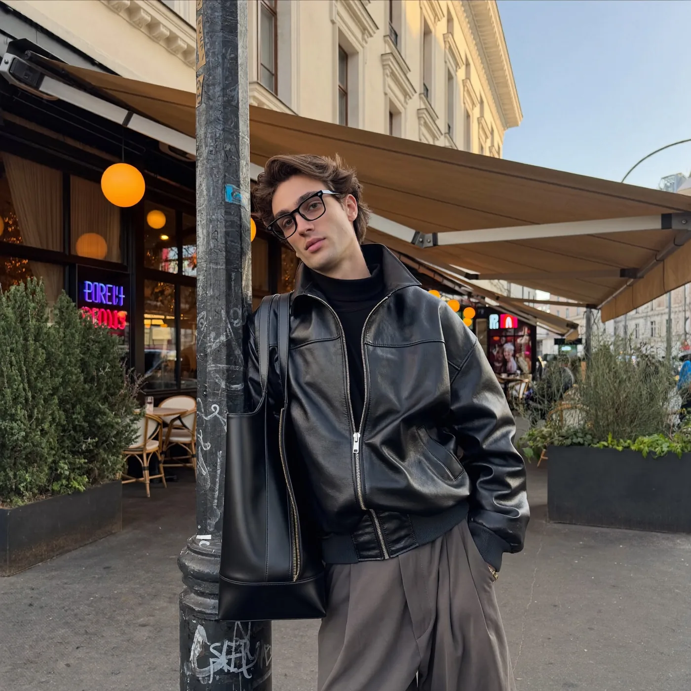Man wearing Buneri grey leather bomber jacket