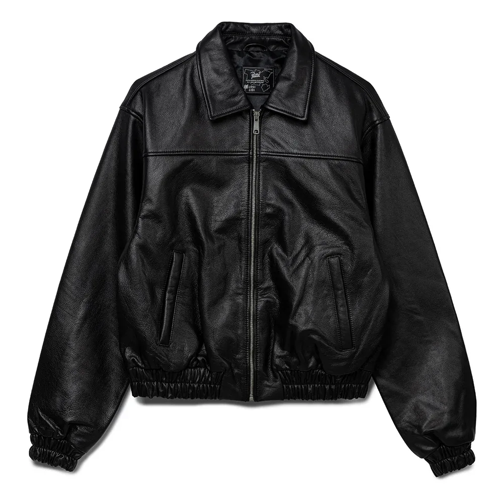 Man wearing Buneri grey leather bomber jacket