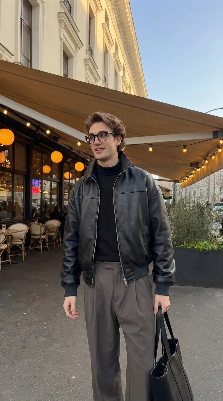 Man wearing Buneri grey leather bomber jacket