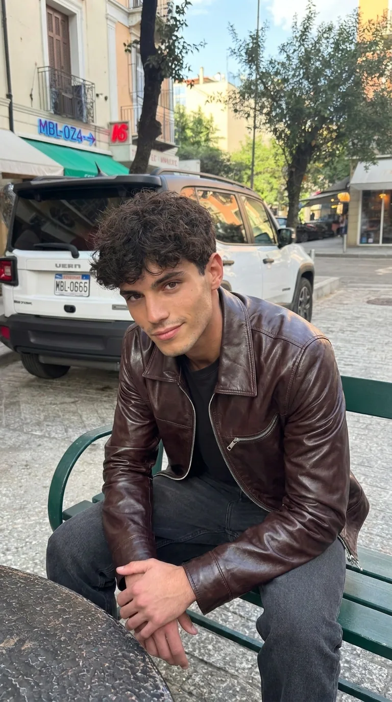 Man wearing Buneri burgundy leather bomber jacket