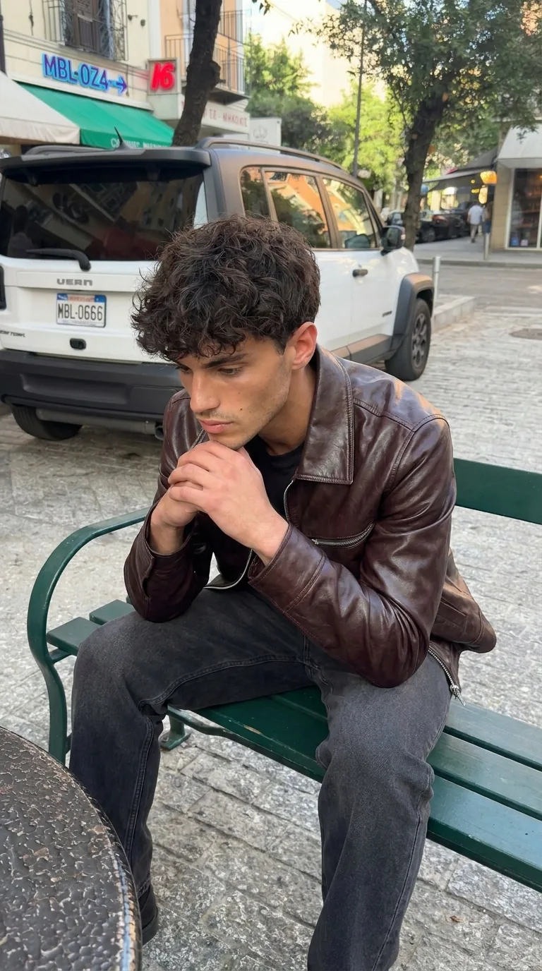 Man wearing Buneri burgundy leather bomber jacket