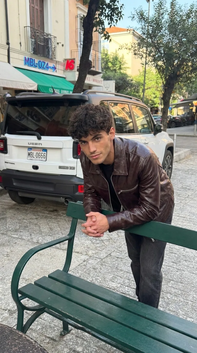 Man wearing Buneri burgundy leather bomber jacket