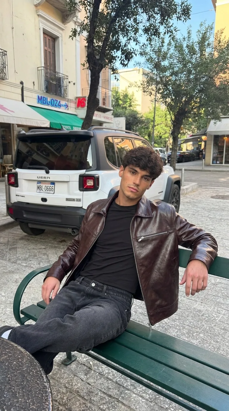 Man wearing Buneri burgundy leather bomber jacket