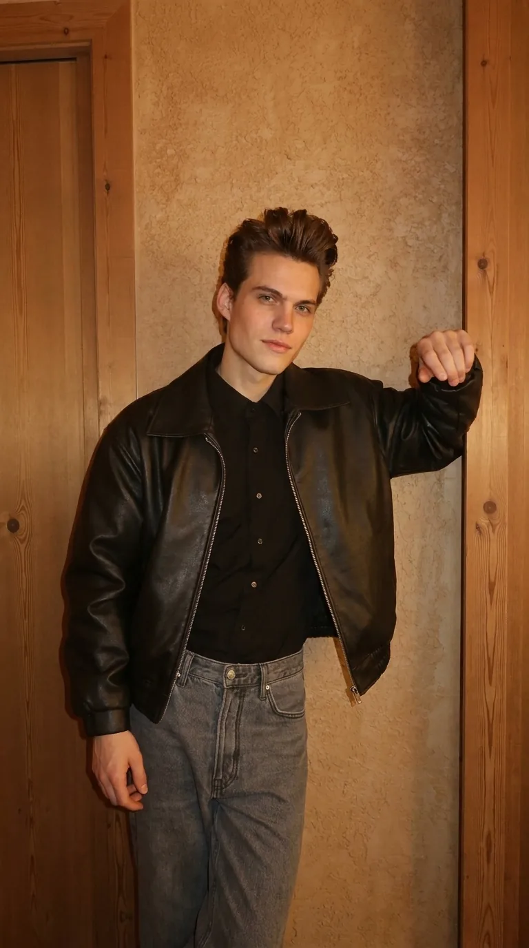 Man wearing Buneri green leather bomber jacket