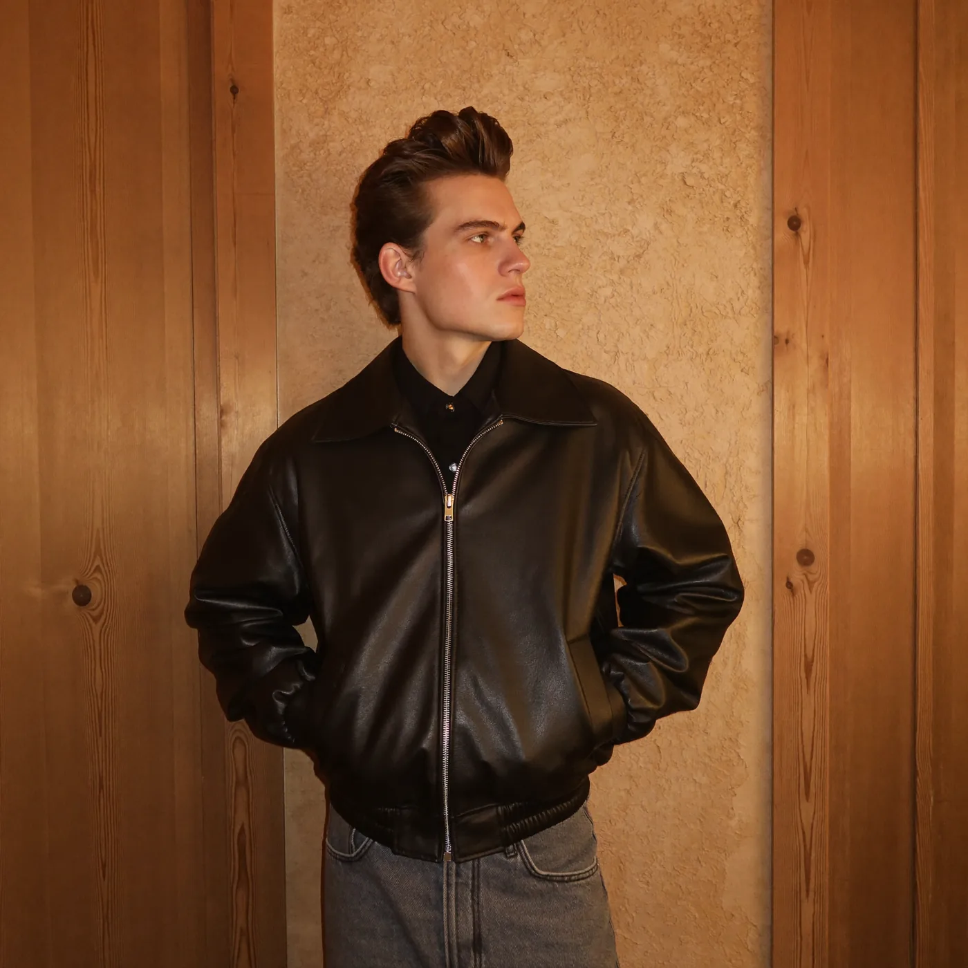 Man wearing Buneri green leather bomber jacket