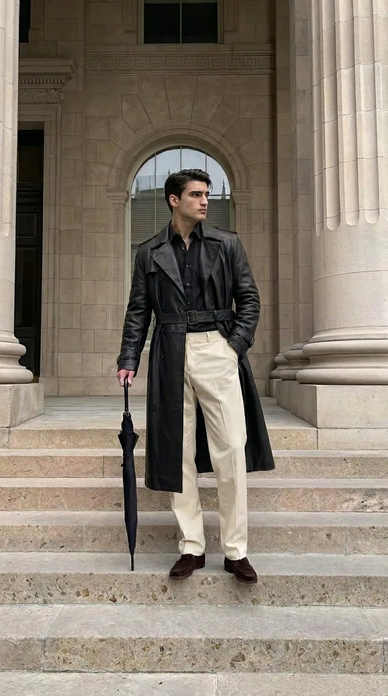 Man wearing Buneri black leather trench coat