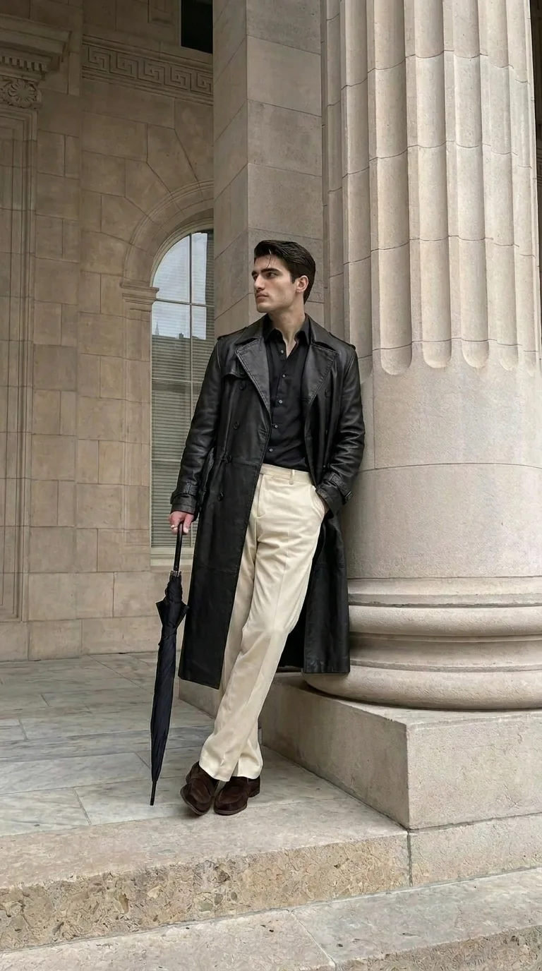 Man wearing Buneri black leather trench coat