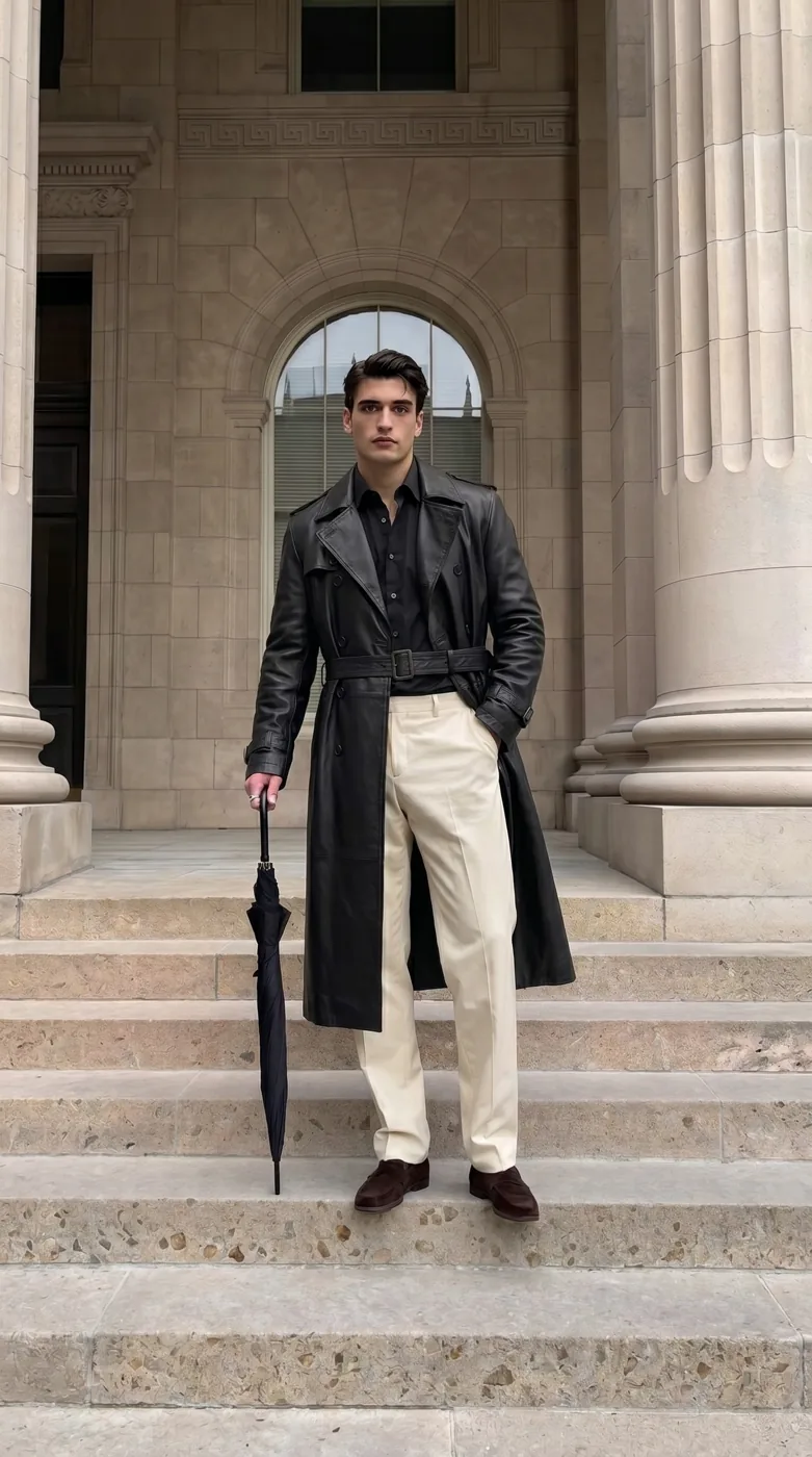Man wearing Buneri black leather trench coat
