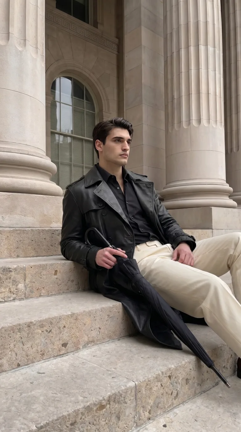 Man wearing Buneri black leather trench coat