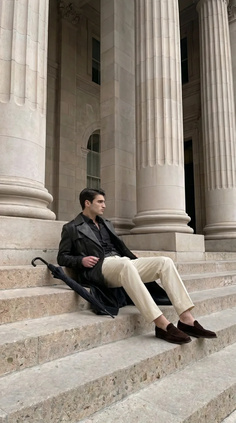 Man wearing Buneri black leather trench coat