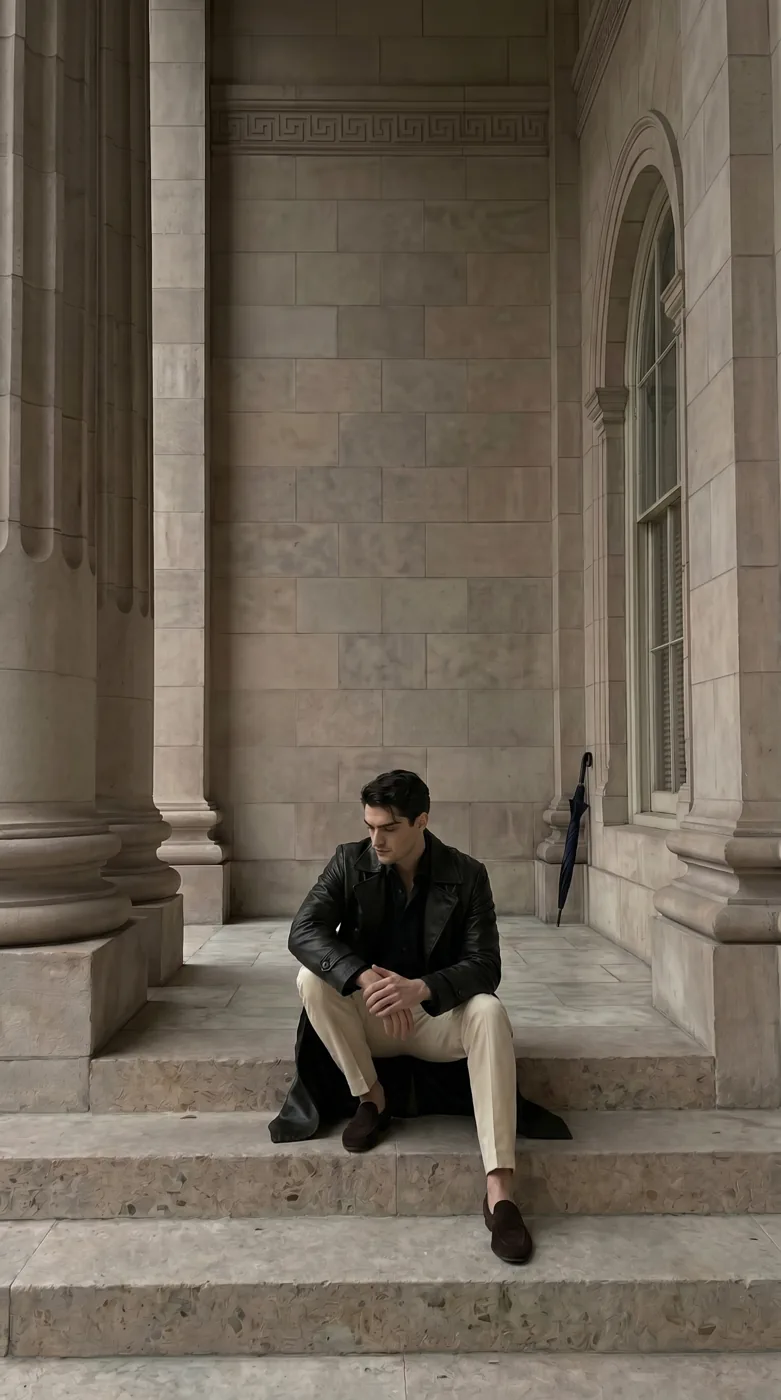 Man wearing Buneri black leather trench coat