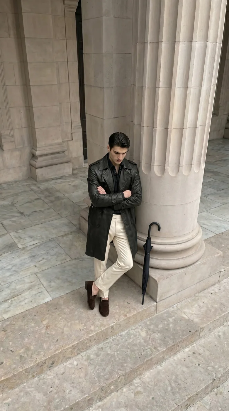 Man wearing Buneri black leather trench coat