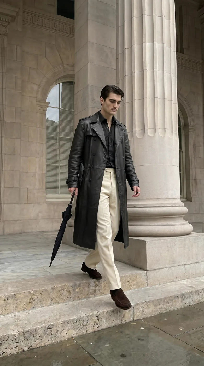 Man wearing Buneri black leather trench coat