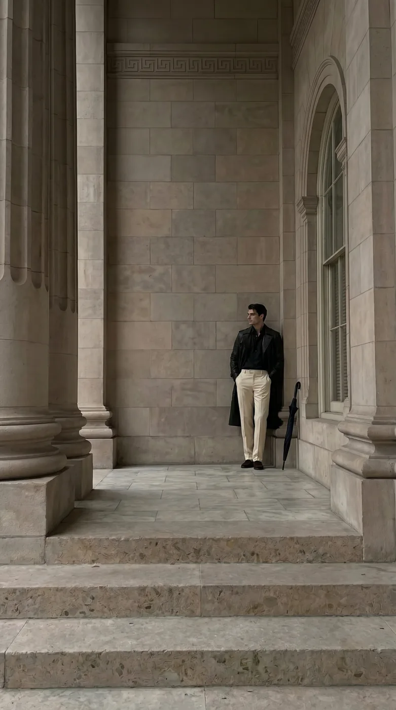 Man wearing Buneri black leather trench coat