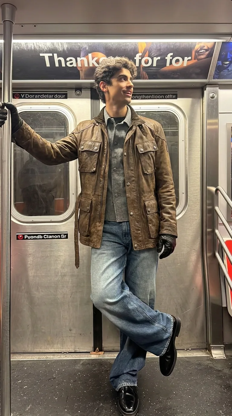 Man wearing Buneri brown waxed leather field coat