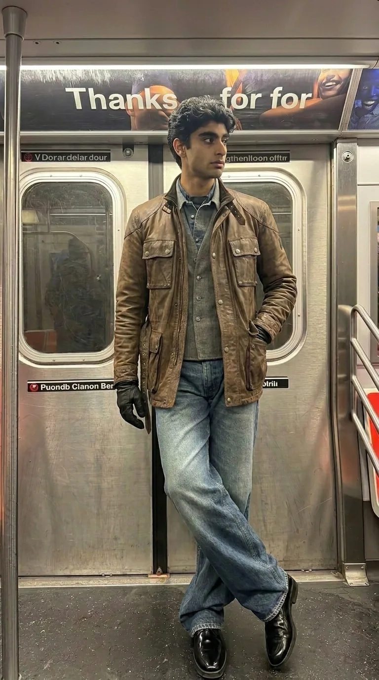 Man wearing Buneri brown waxed leather field coat