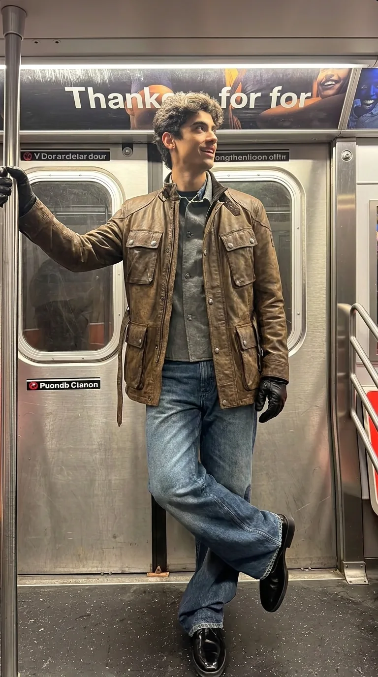 Man wearing Buneri brown waxed leather field coat