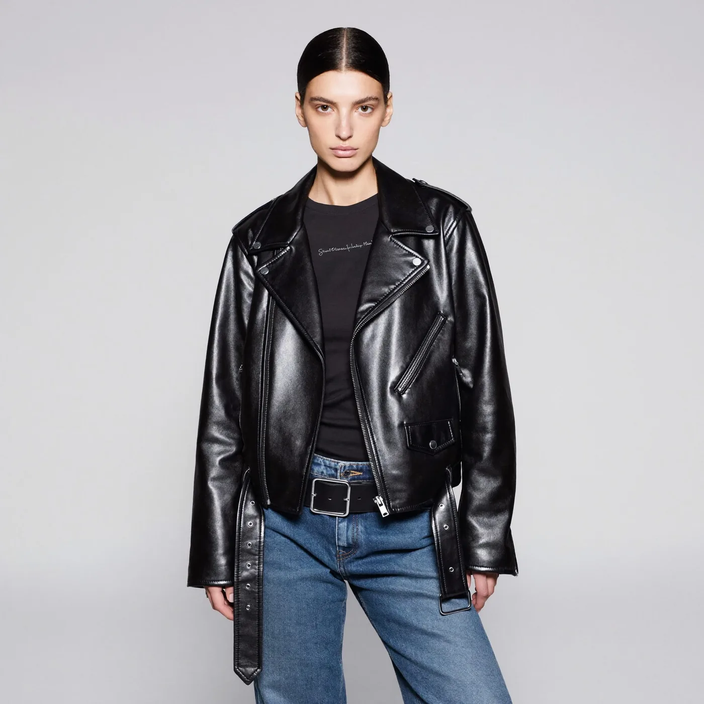 Woman wearing Buneri biker jacket aesthetic 2
