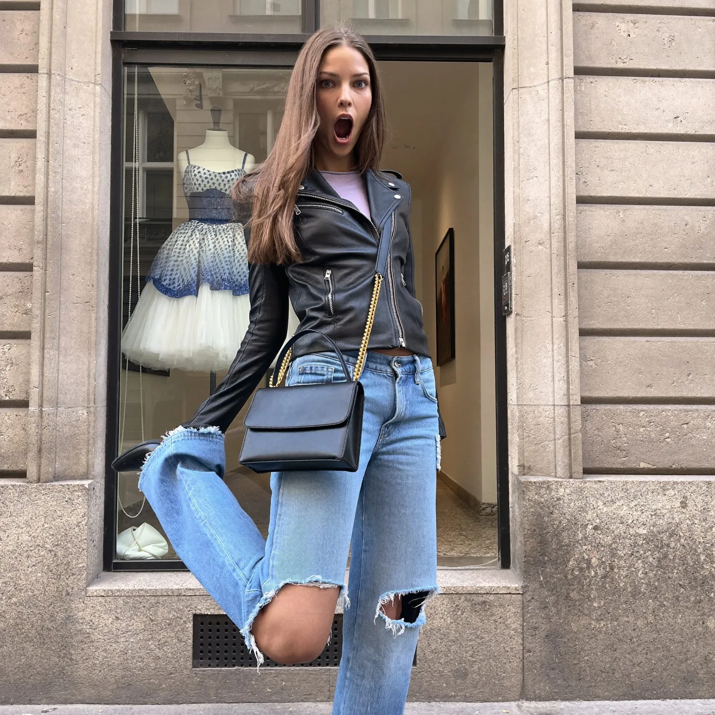 Woman wearing Buneri biker jacket aesthetic 14