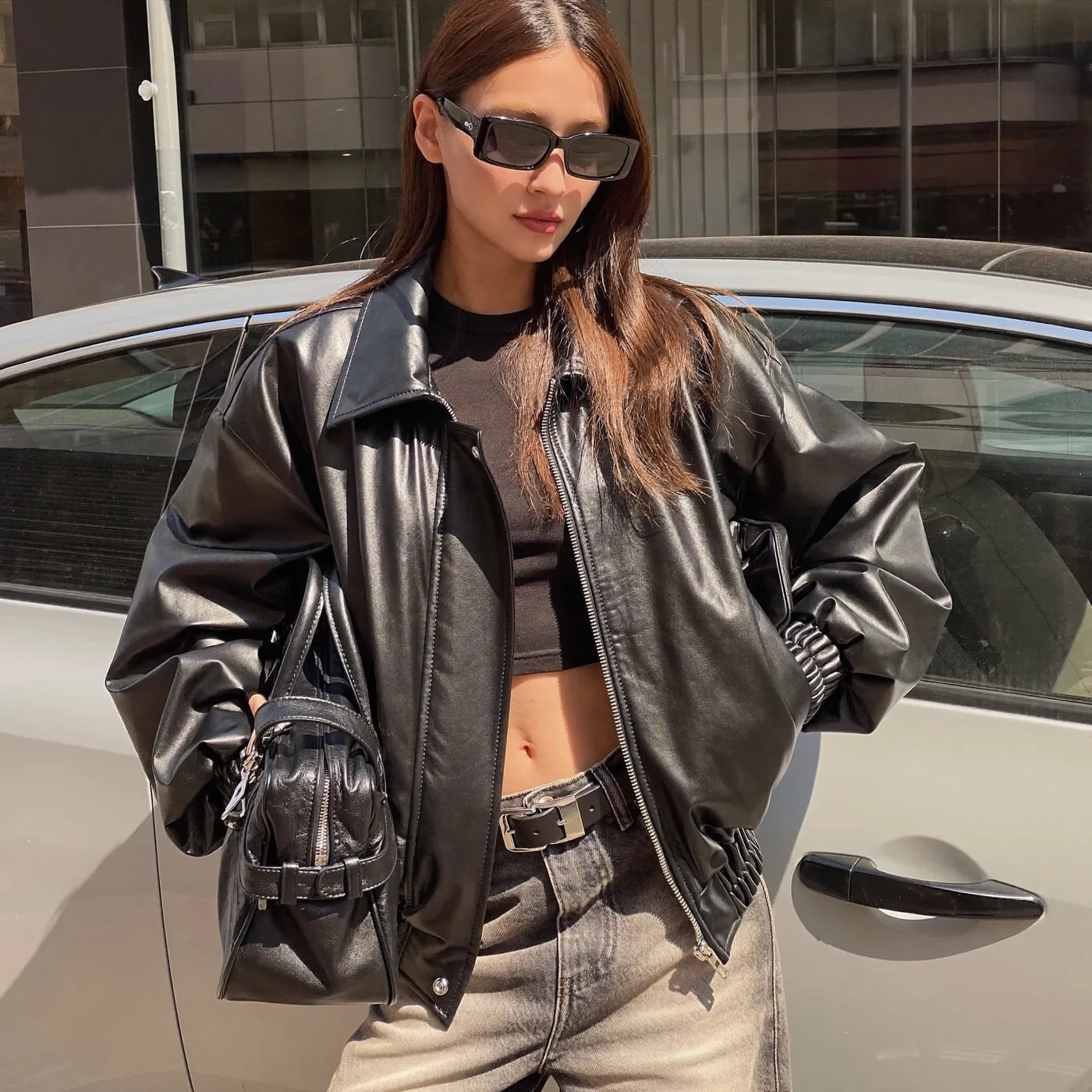 Woman wearing Buneri biker jacket aesthetic 8