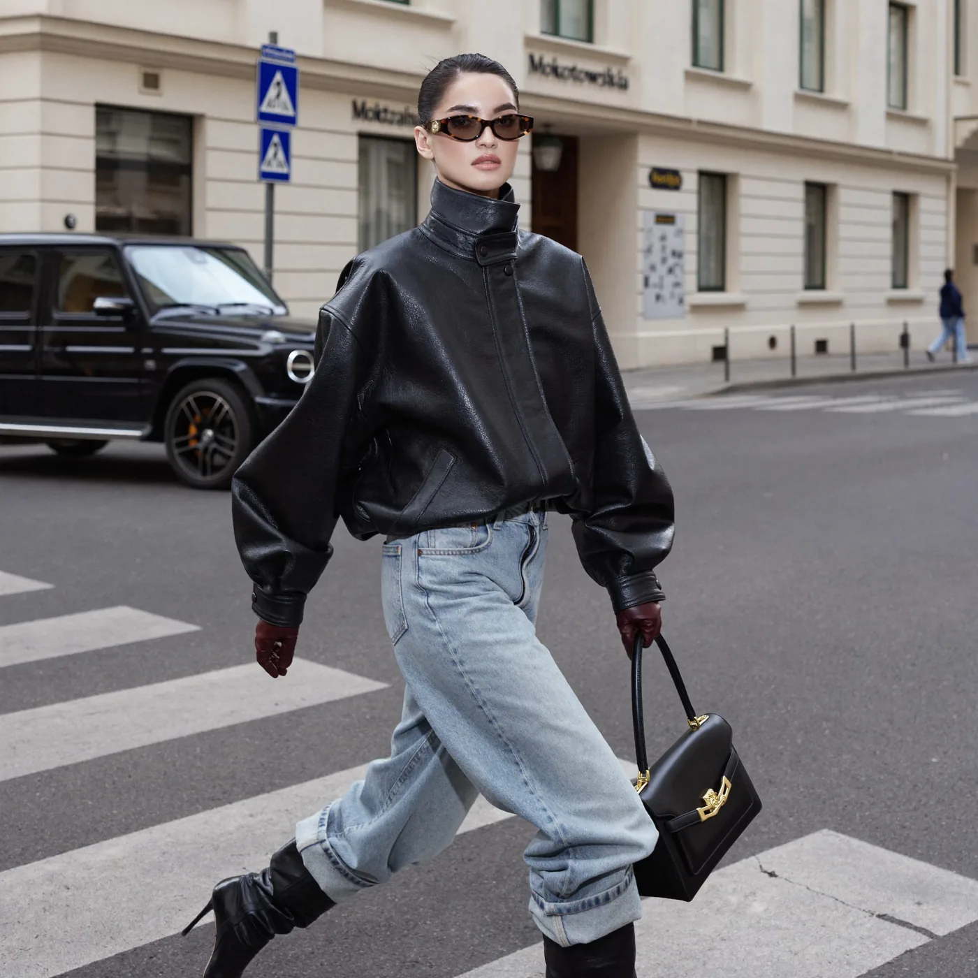 Woman wearing Buneri oversized leather jacket style 9