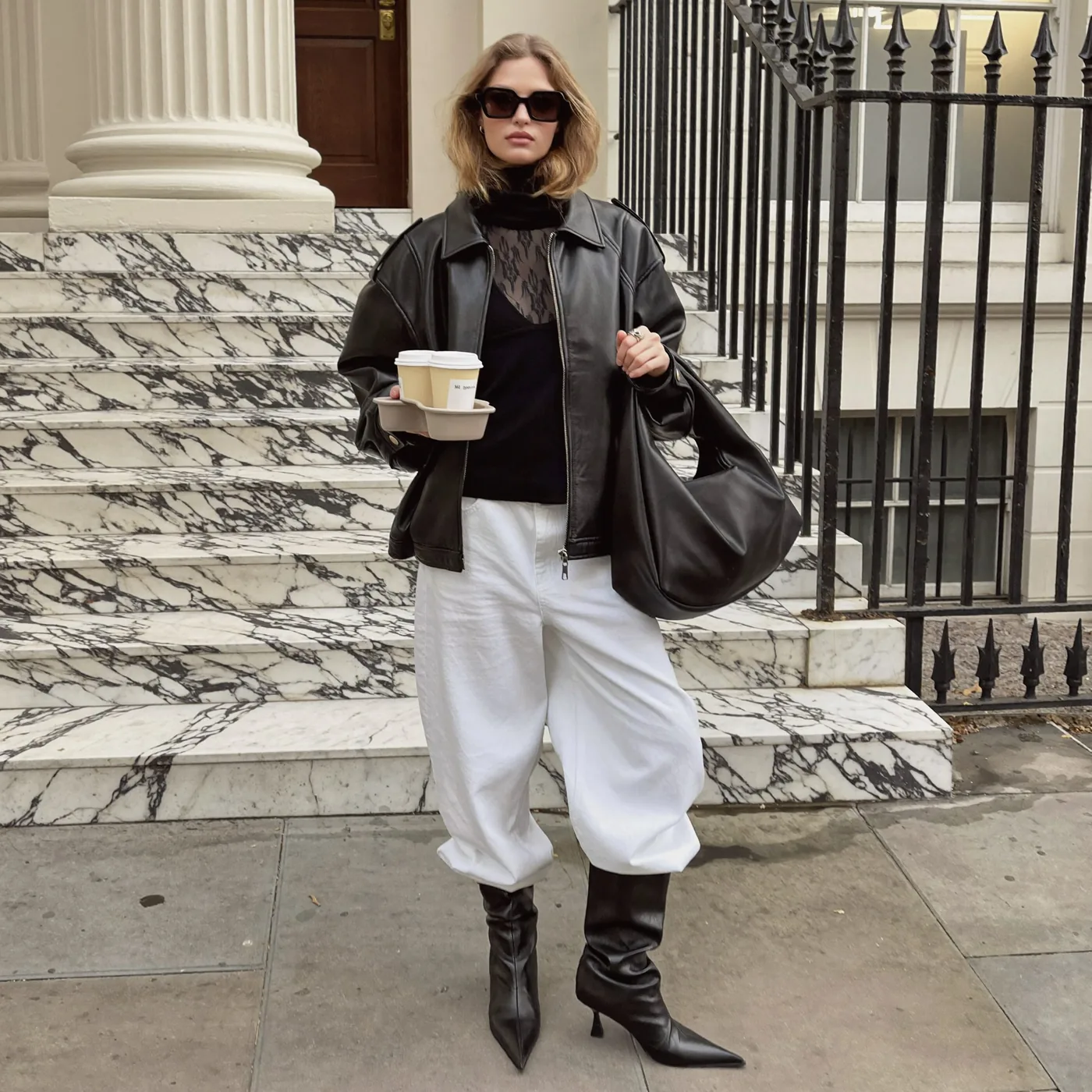 Woman wearing Buneri leather jacket outfit women 1