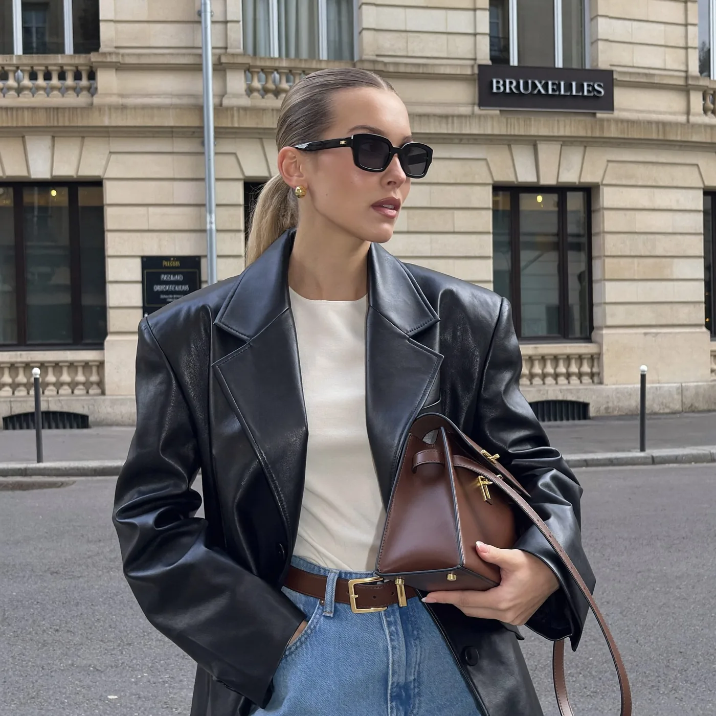 Woman wearing Buneri oversized leather jacket style 21