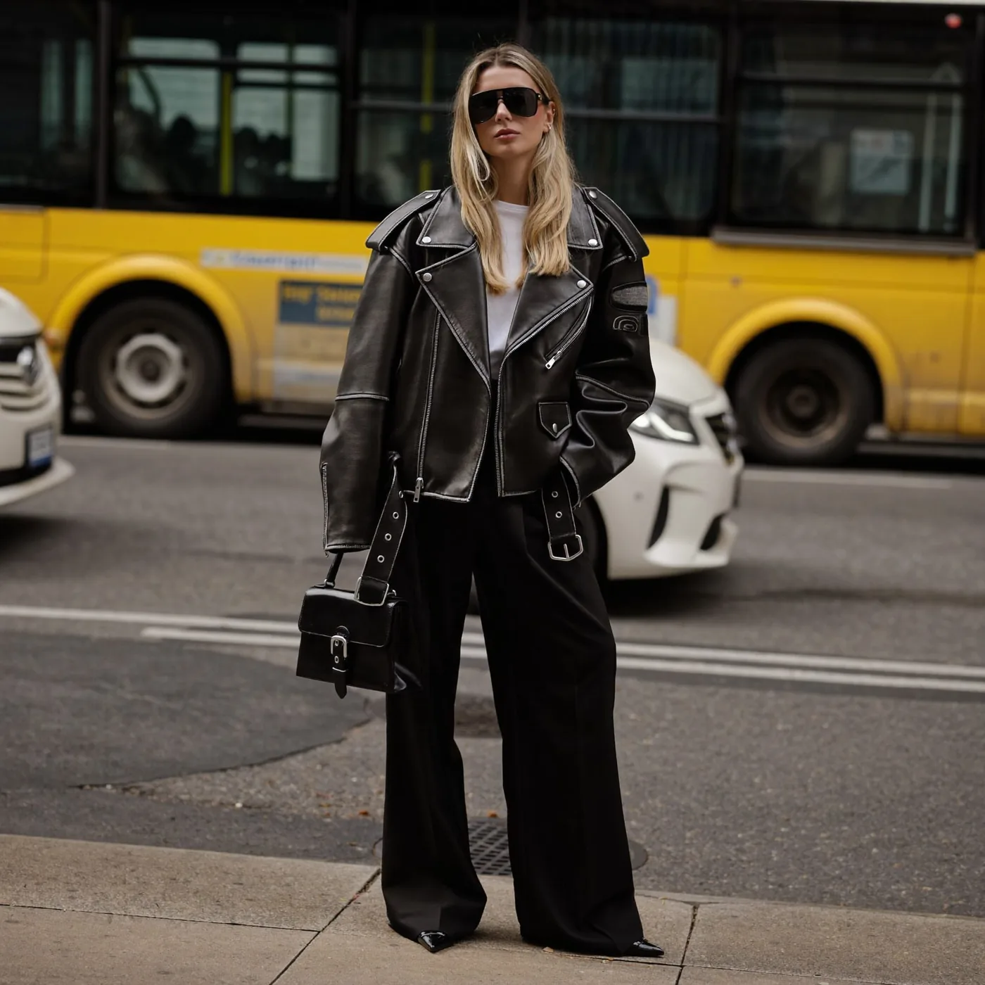 Woman wearing Buneri kurtka skorzana look jesien 18