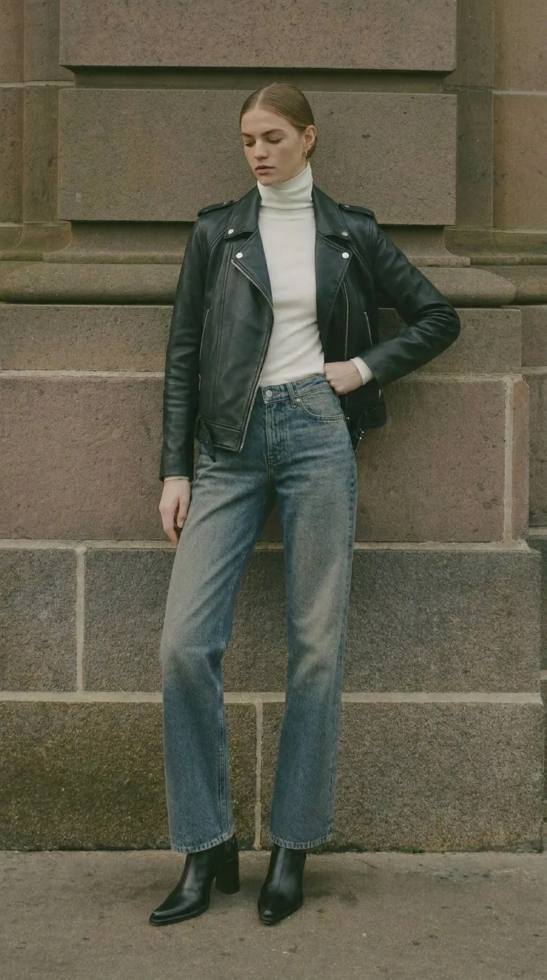 Woman wearing Buneri grey leather biker jacket