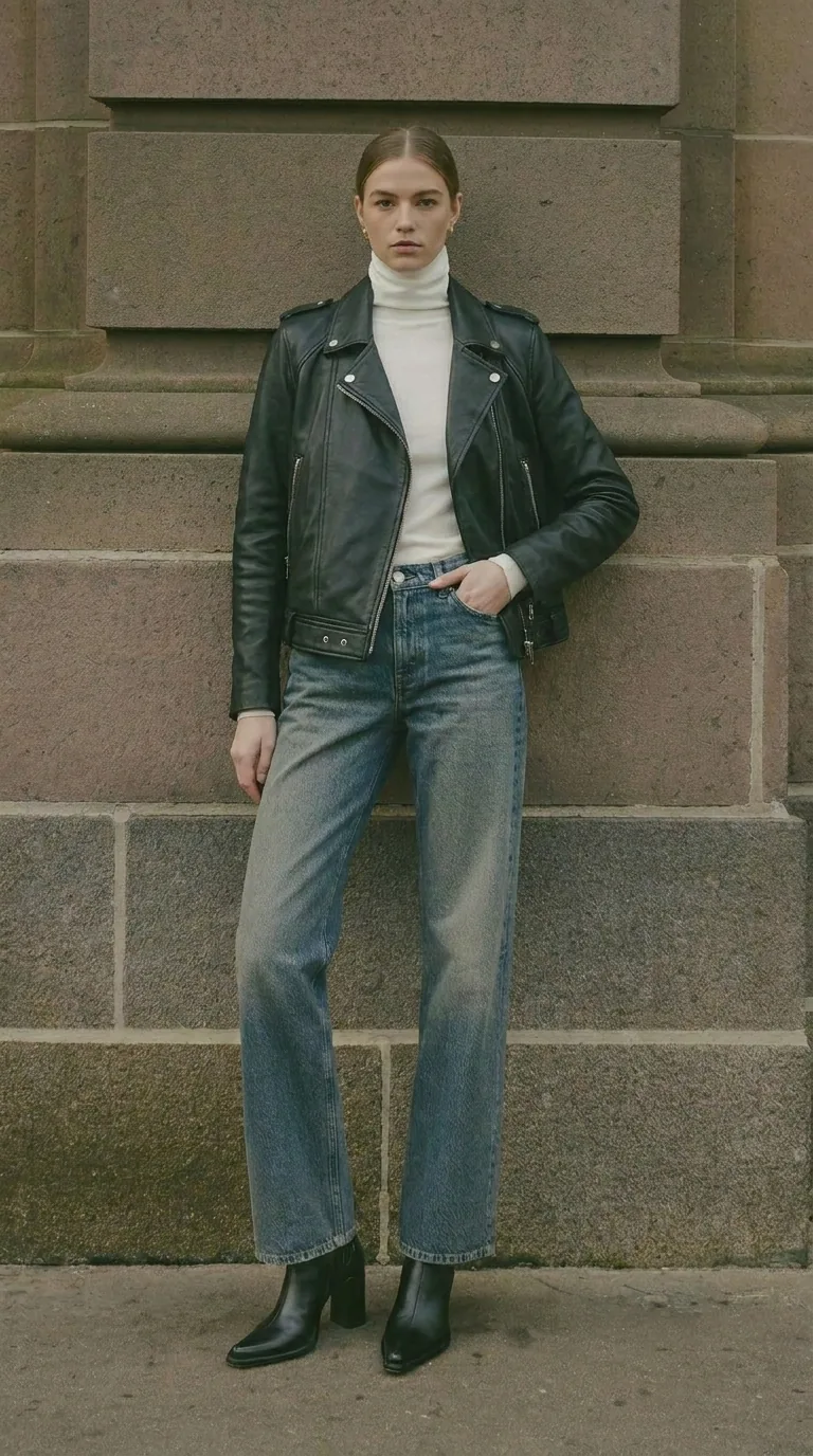 Woman wearing Buneri grey leather biker jacket