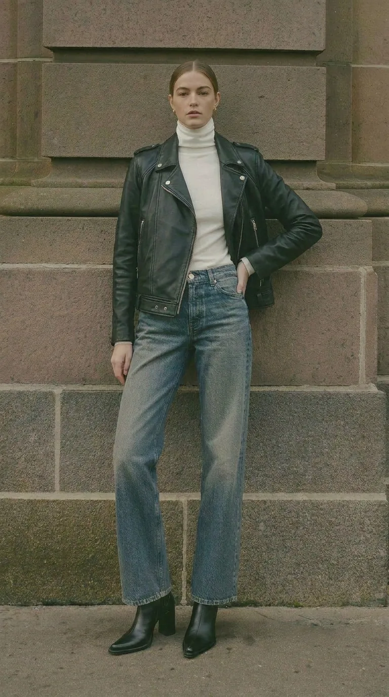 Woman wearing Buneri grey leather biker jacket
