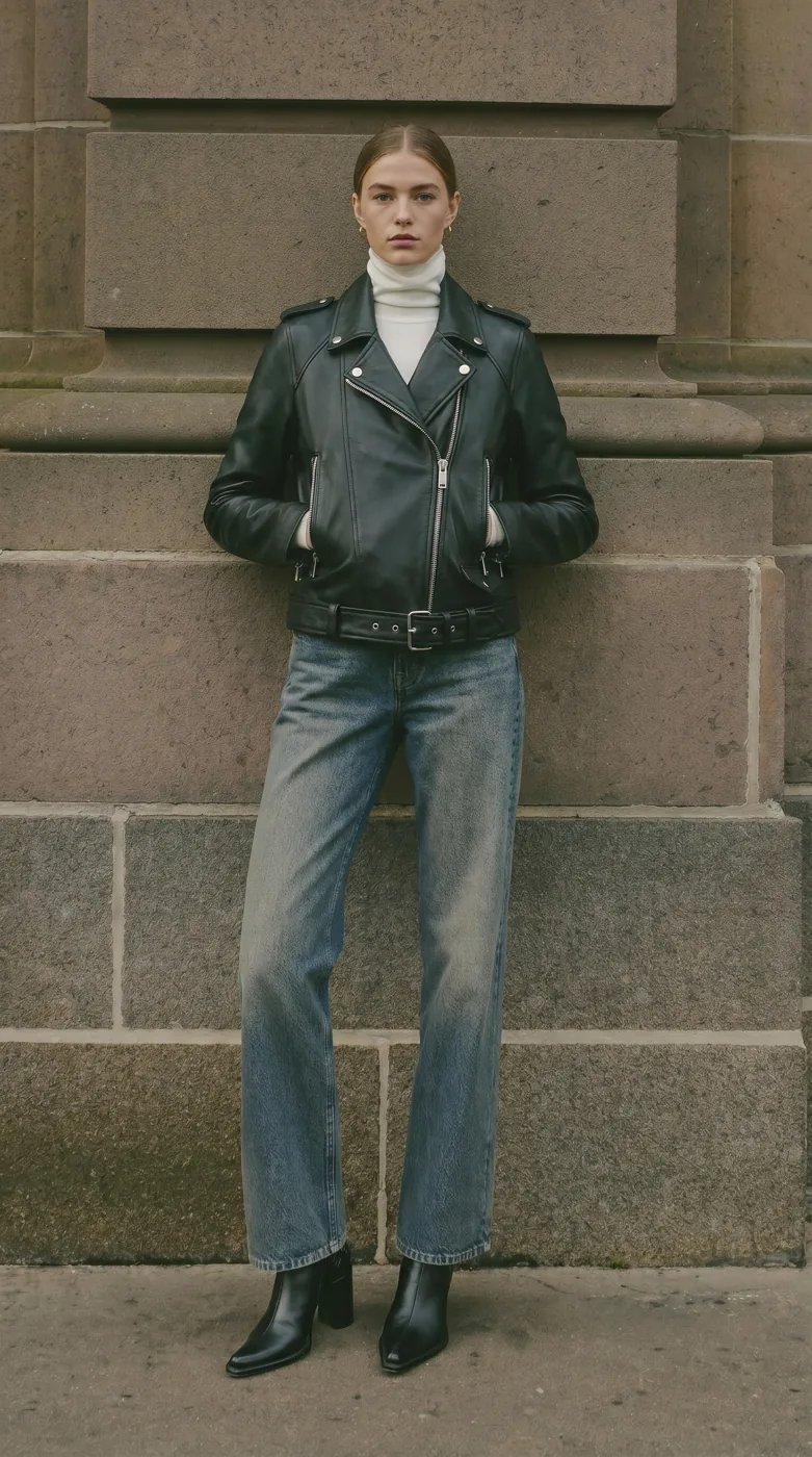 Woman wearing Buneri grey leather biker jacket