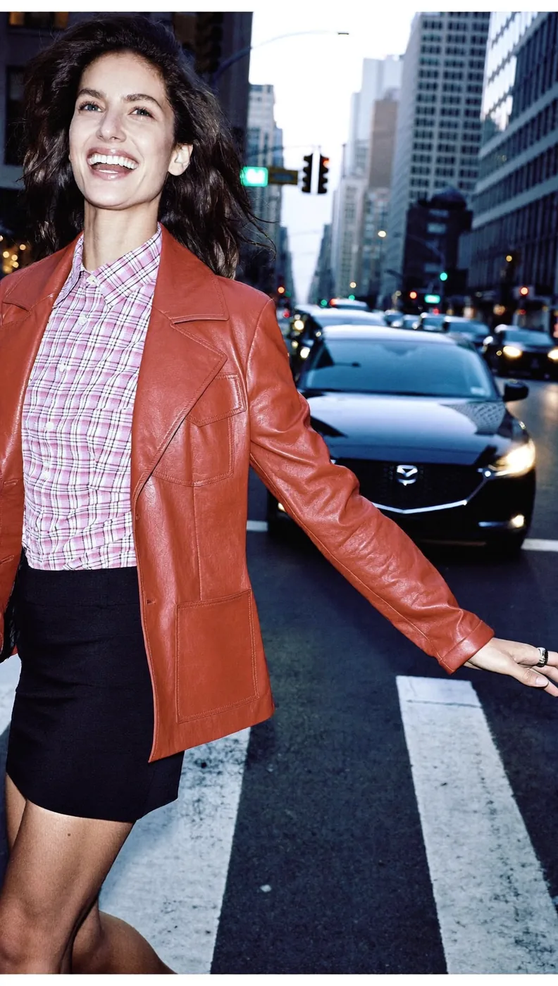 Woman wearing Buneri red leather jacket