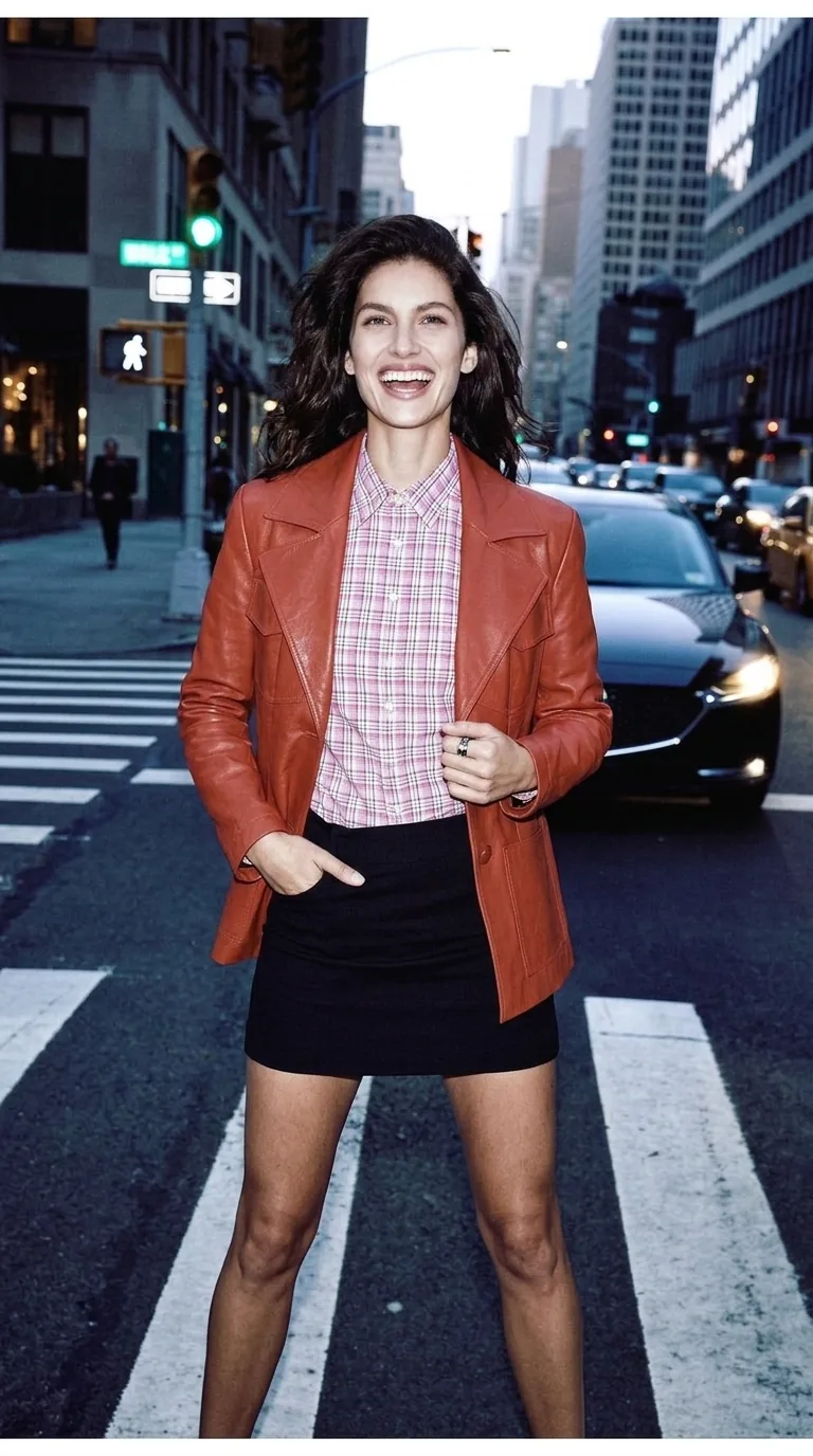 Woman wearing Buneri red leather jacket